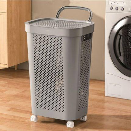 Panier à Linge en Plastique avec Couvercle et Roues - 65L - Gris