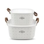 Panier de Rangement en Plastique avec Poignées en Cuir et Couvercle - Blanc – Image 2