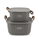 Panier de Rangement en Plastique avec Poignées en Cuir et Couvercle - Gris – Image 2