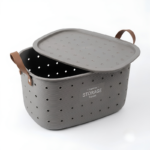 Panier de Rangement en Plastique avec Poignées en Cuir et Couvercle - Gris