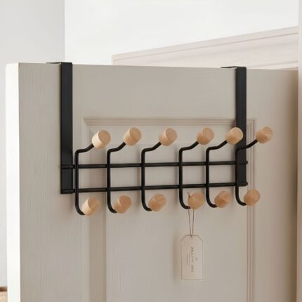 Porte-Manteau à Accrocher sur Porte Métal Noir et Bois